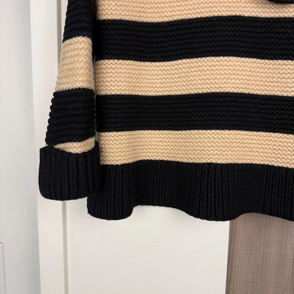 Kate Spade Black Tan Stripe Collared Knit Sweater Chunky 100% Wool Large‎